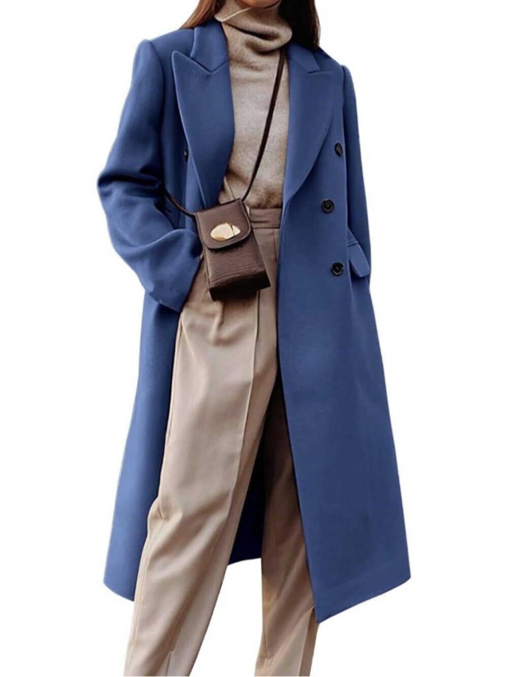 Women's Misty Blue Wool Blend Long Warm Lapel Double Breasted Trench Peacoat
